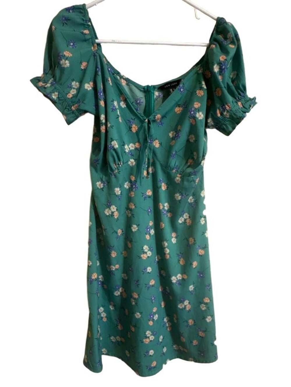New Look Floral Dress USA 6 Green Puff Sleeve Mini Dress